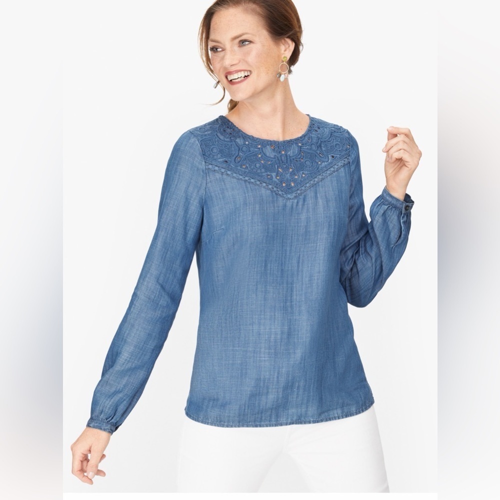 Talbots Embroidered Chambray Top Blouse Tencel Denim Blue plus Size 1X